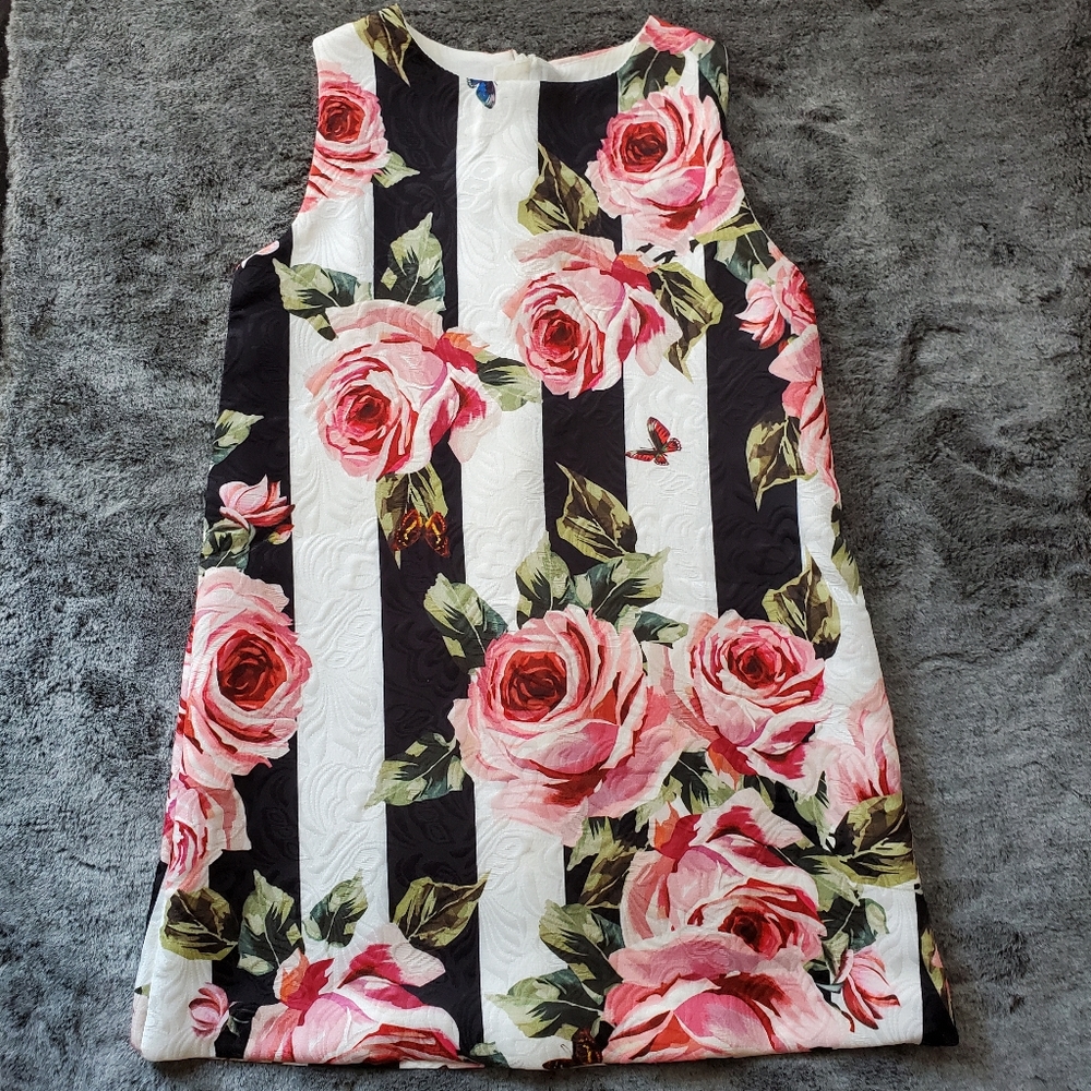 CUSTOM MADE ELGANT DRESS ROSES, BUTTERFLIES AND STRIPES 6-8T